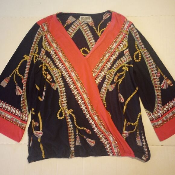 M Collection faux wrap rope print bell sleeve top with elastic waist - Picture 3 of 12